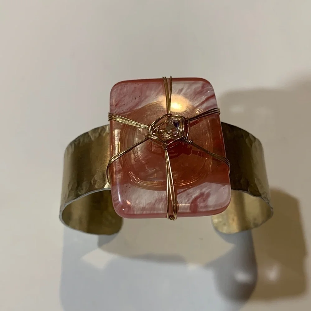 Hand Made Cuff bracelet. strawberry quartz and gold toned.